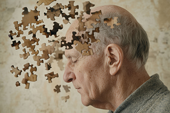 Symbolfoto: Älterer Mann, geschlossene Augen, Puzzleteile die vom Kopf wegfliegen
