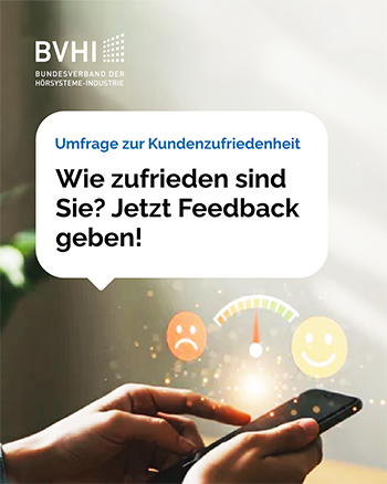 Symbolbild: Nahaufnahme von Händen, die ein Smartphone halten; darüber ein Barometer mit einer Skala von weinendem bis lachendem Smiley. Es wird aufgefordert, an einer Zufriedenheitsbefragung des BVHIs teilzunehmen.