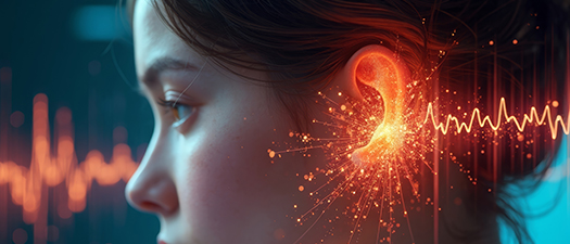 Symbolbild: Frauengesicht von der Seite zu sehen, orangefarbener Strahl trifft Ohr 