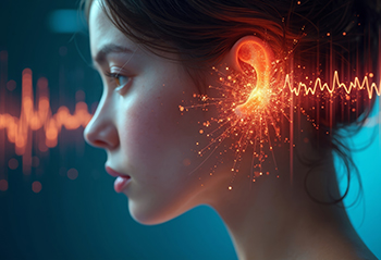 Symbolbild: Frauengesicht von der Seite zu sehen, orangefarbener Strahl trifft Ohr 