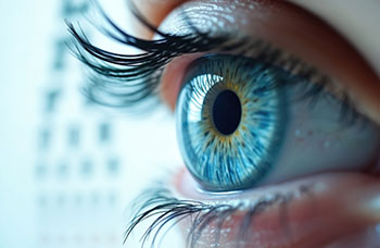 Symbolbild: Im Fokus ein Auge in der Farbe Blau. Im Hintergrund ist die Augentesttafel verschwommen abgebildet.