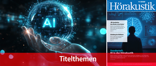 Titelseite der Zeitschrift „Hörakustik“ 11-2025 und KI-generierte Abbildung einer Hand, die eine Kugel mit der Inschrift AI hält