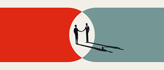 Symbolbild: Zwei in Schwarz gezeichnete Geschäftsleute reichen sich die Hand.