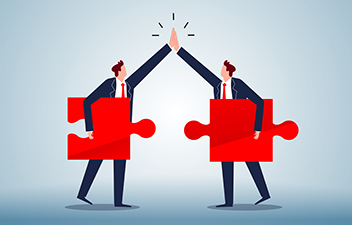 Symbolbild: Grafik von zwei Menschen in Anzügen, die große Puzzleteile unter dem Arm tragen und sich in der Luft mit den Händen abklatschen