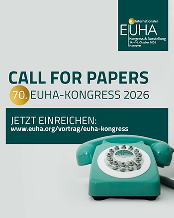 Bildbeschreibung: Plakat von EUHA mit Abbildung eines Telefons. Aufruf zum Einreichen der Vorträge für den 70. Kongress 2026.