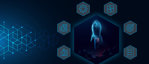 Bildbeschreibung: Infoplakat „Der Masterplan“: in der Mitte eine Rakete als Symbol für den Start der Existenzgründung. Außenherum wichtige Faktoren als Symbole, die wichtig für die Existenzgründung sind.