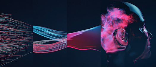 Bildbeschreibung: Das Bild besteht aus vier Teilbildern. Ganz links sind auf einem dunklen Hintergrund viele rosa und hellblau leuchtende Fäden. Diese gehen auf dem zweiten Bild in zwei dicke Stränge über, in deren Innerem jeweils die blauen bzw. rosafarbenen Lichtfäden gebündelt sind. Auf dem dritten Bild ist nur noch ein Strang zu sehen, der blau-rosa schimmert. Das Bild ganz rechts zeigt einen gläsernen Kopf. Im linken hinteren Teil ist das Gehirn, das von einer rosa-blauen Lichtmasse ausgefüllt ist. Um ein stilisiertes Ohr ist ein Hörsystem angelegt. Das Gesicht ist im Profil zu sehen.