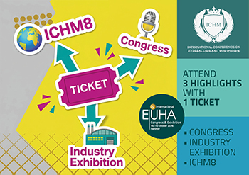 Eine Kollage kündigt den EUHA-Kongress, die 8. Internationale Konferenz zu Hyperakusis und Misophonie sowie die Fachausstellung an.
